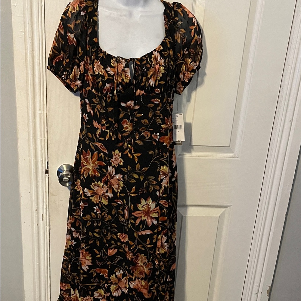 NWT A. Byer Black Floral Midi Dress with Front Slit